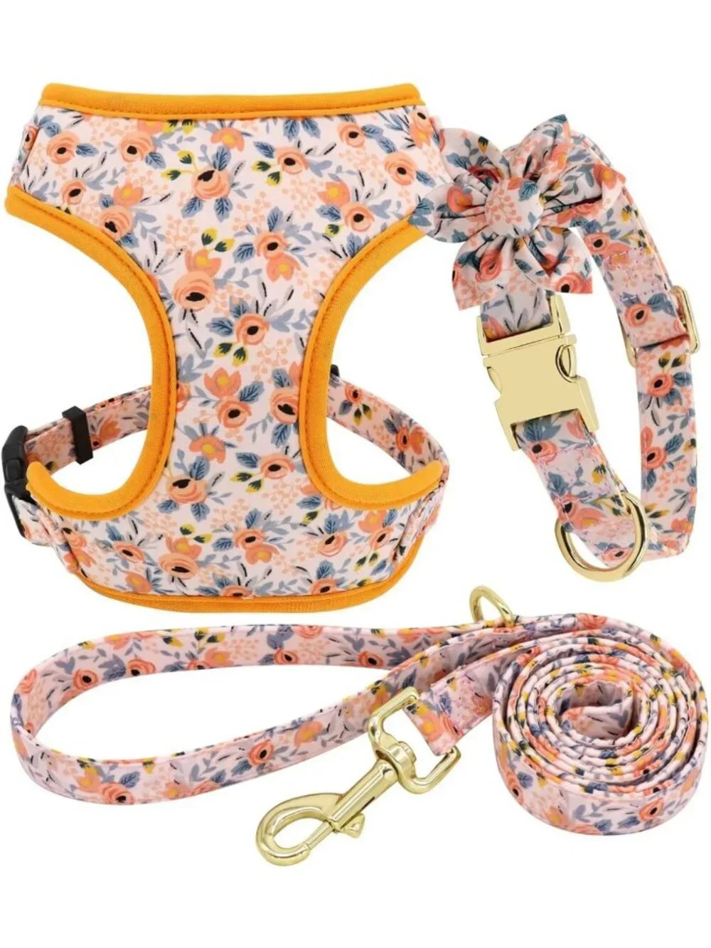 Floral Pattern Dog Collar, Harness & Leash Set - Cute Orange Design, Small Size